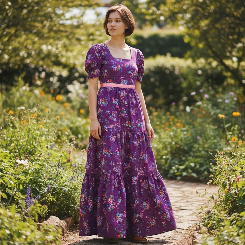 Vintage Dress Womens XS Purple Floral Tiered Prairie Maxi Cottagecore Handmade